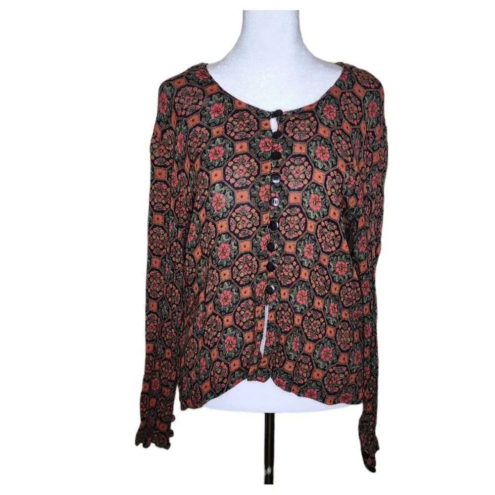 Vintage 90s Peasant Shirt Blouse Top Womens Size M Black Boho Floral Pier One Im